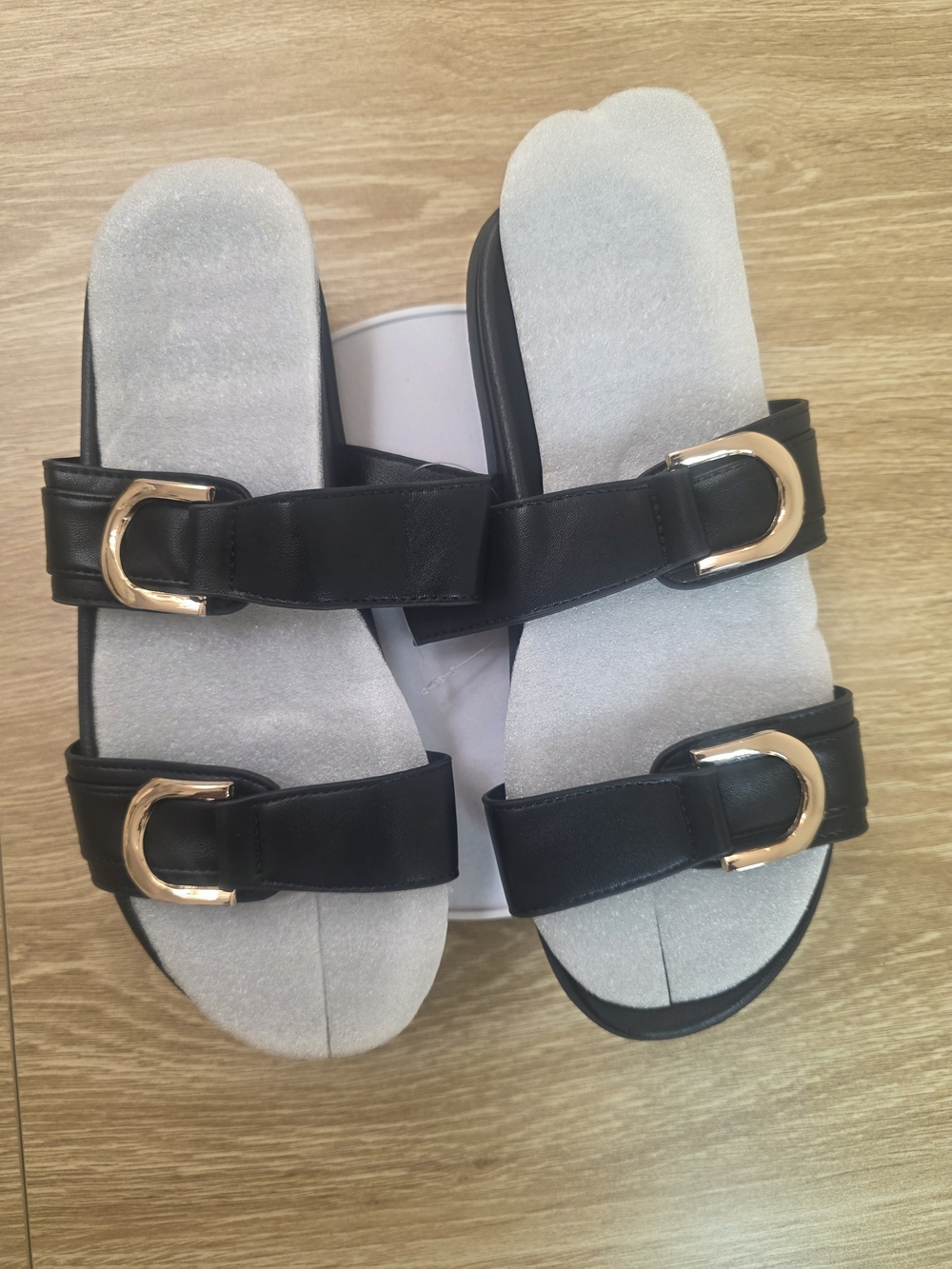Black Slide Sandals with Gold Buckles - Women